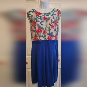 Acevog Woman's Dress with Floral Embroidery Semi Sheer Bodice and Blue Skirt